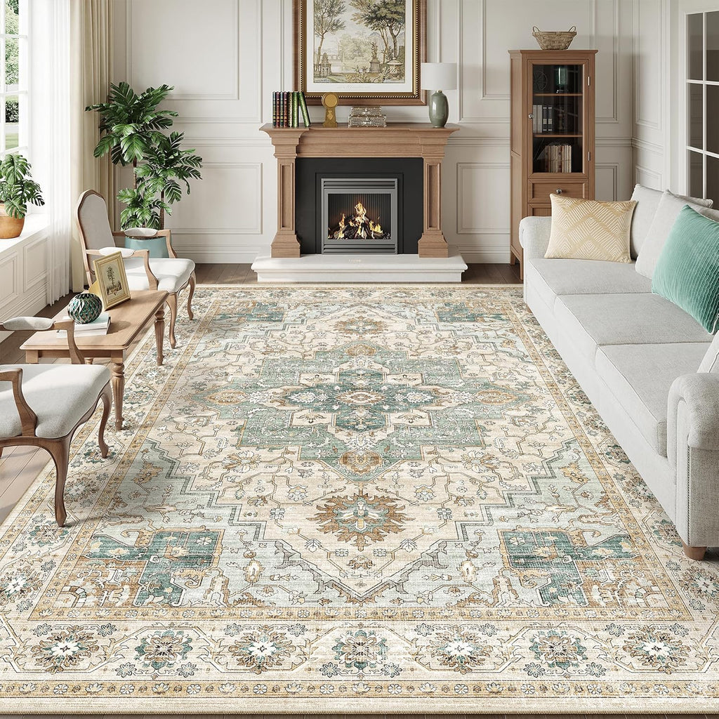 Washable 8x10 Area Rugs, Non Slip Living Room Rug Green/Beige