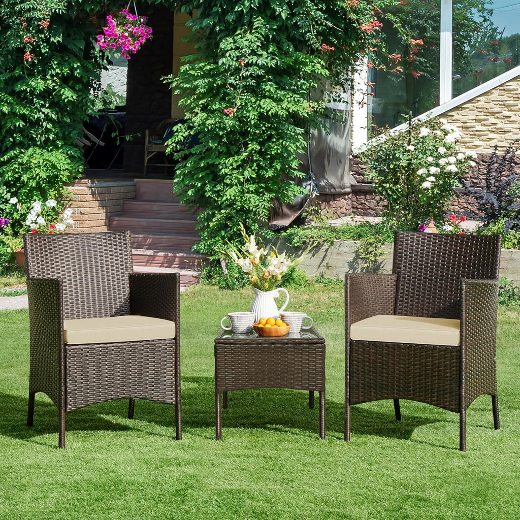 Yaheetech 3 Pieces Patio Porch Furniture Set, Outdoor PE Rattan Wicker Conversation Set with Soft Cushions, Glass Coffee Table & 2 Chairs for Garden/Deck/Courtyard/Poolside, Brown/Khaki