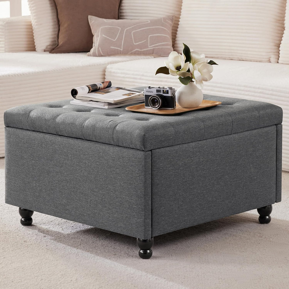30" Large Square Ottoman with Storage, Fabric Ottoman Coffee Table, Grey