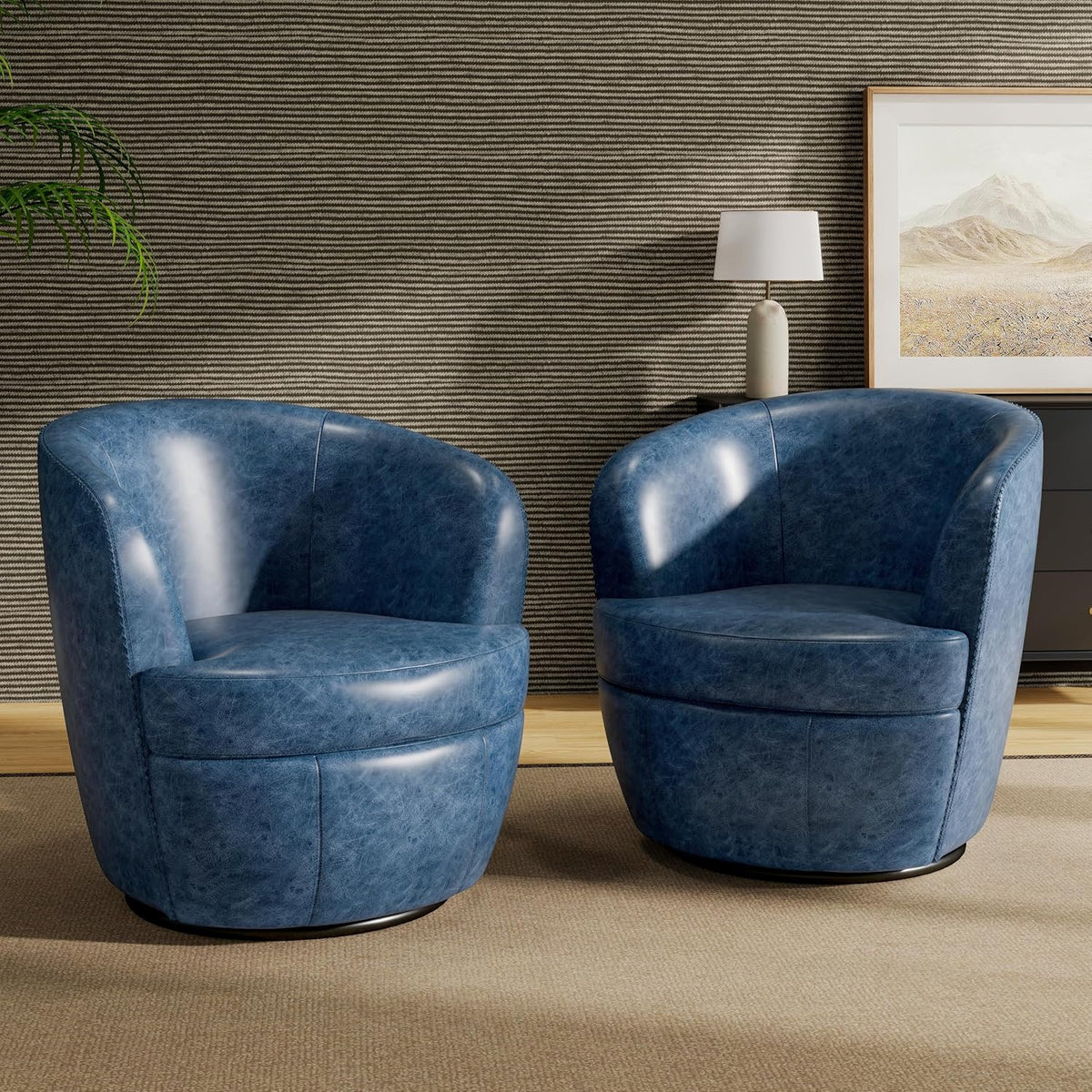 Oversized Swivel Barrel Chair, Comfy Reading Armchair, Navy Blue, Set of 2