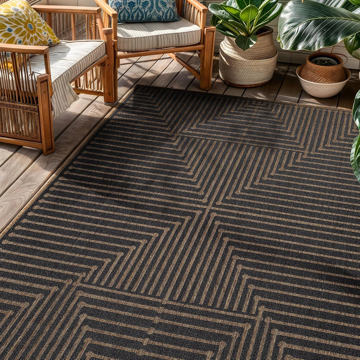 Rugshop Modern Geometric Lines Indoor Outdoor Rug Dark Gray/Natural 4' x 6'