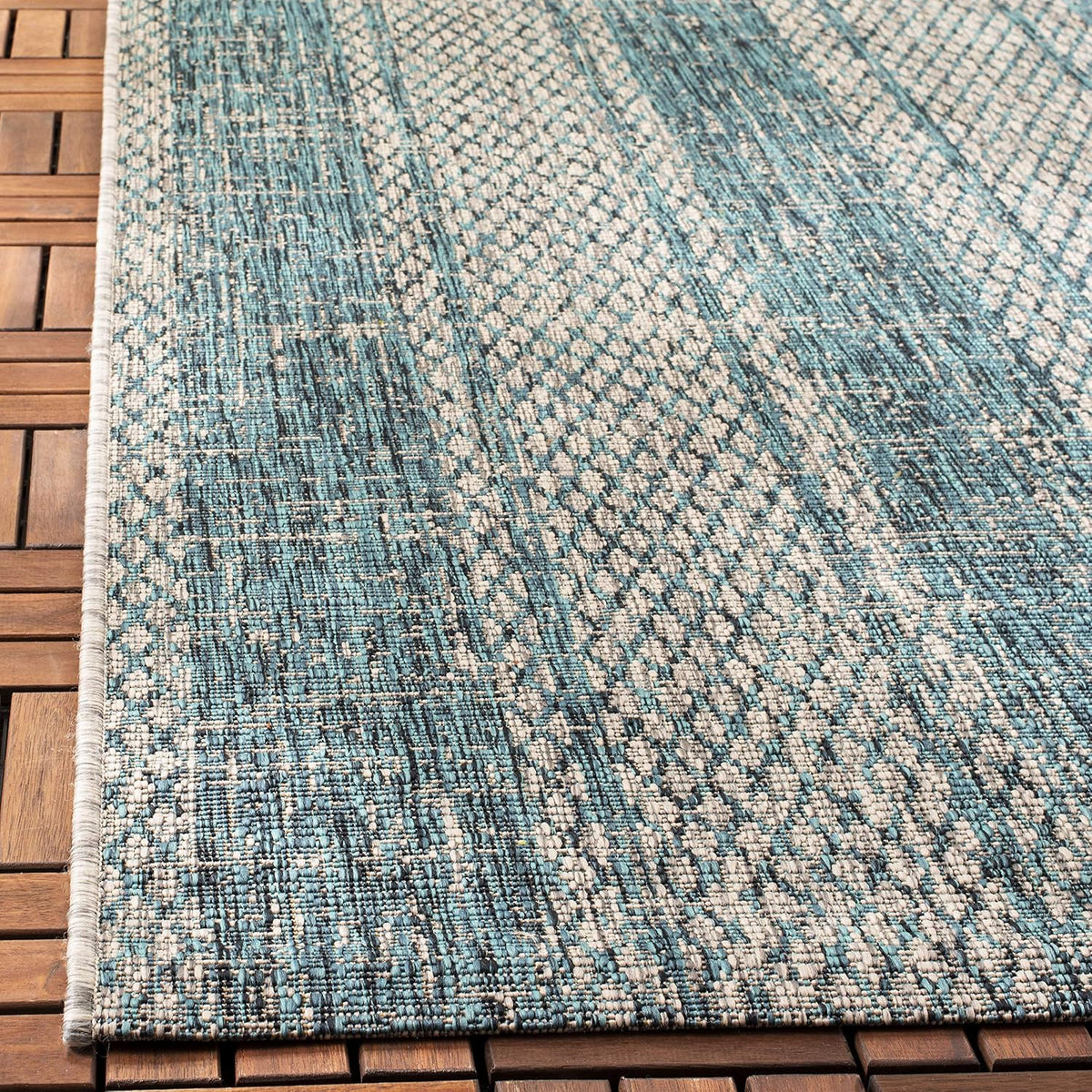 SAFAVIEH Washable Rug Outdoor Courtyard Collection - 2'7" x 5', Light Grey & Teal, Non-Shedding & Easy Cleaning, Ideal for Patio, Backyard, Mudroom (CY8736-37212)