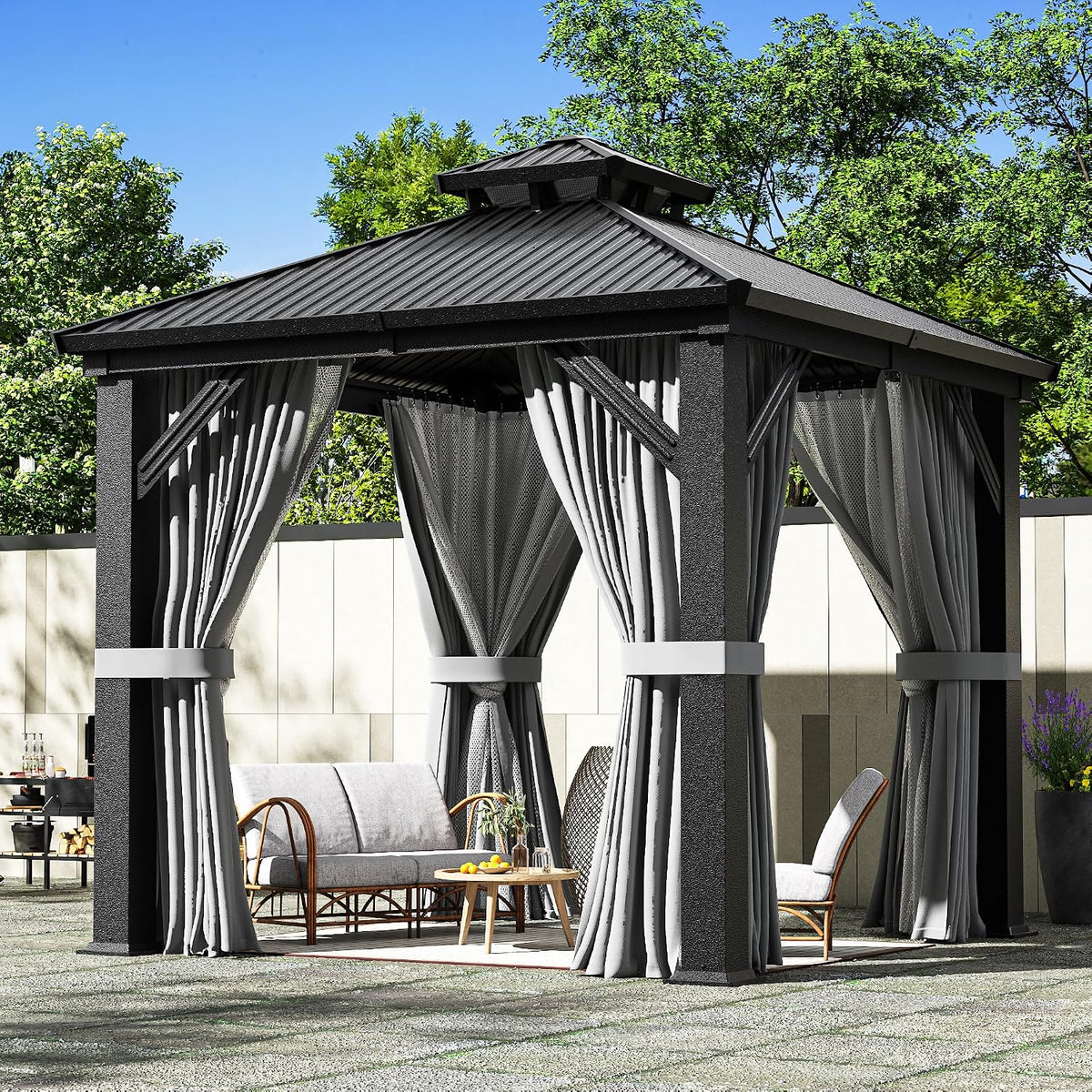 AirWire 8'x8' Hardtop Aluminum Gazebo with Curtains & Netting Dark Gray