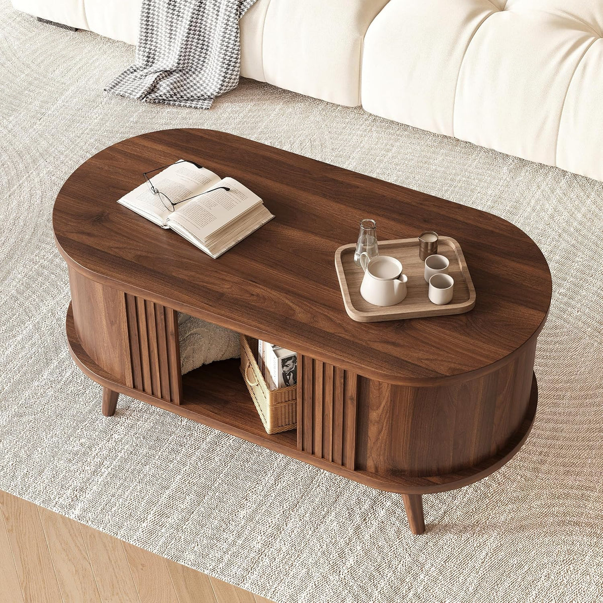 39.3" Oval Fluted Coffee Table with Storage, Fluted Mid-Century, Walnut