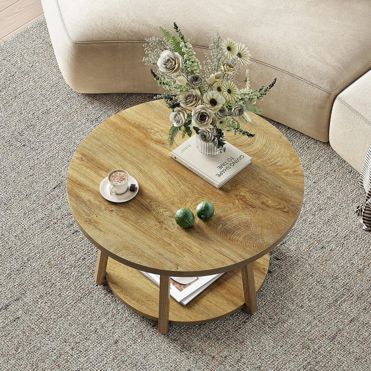 LITTLE TREE Round Coffee Table, 2-Tier Center Table with Storage