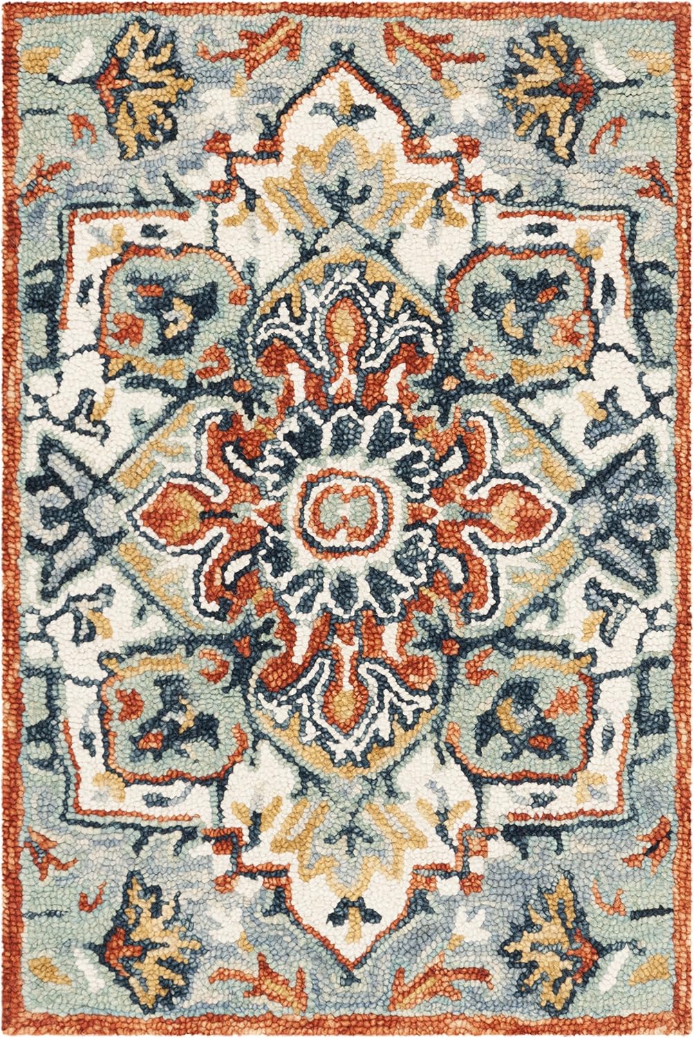 SAFAVIEH Aspen Collection Accent Rug - 2'3" x 4', Blue & Rust, Handmade Boho Wool, Ideal for High Traffic Areas in Entryway, Living Room, Bedroom (APN312A)