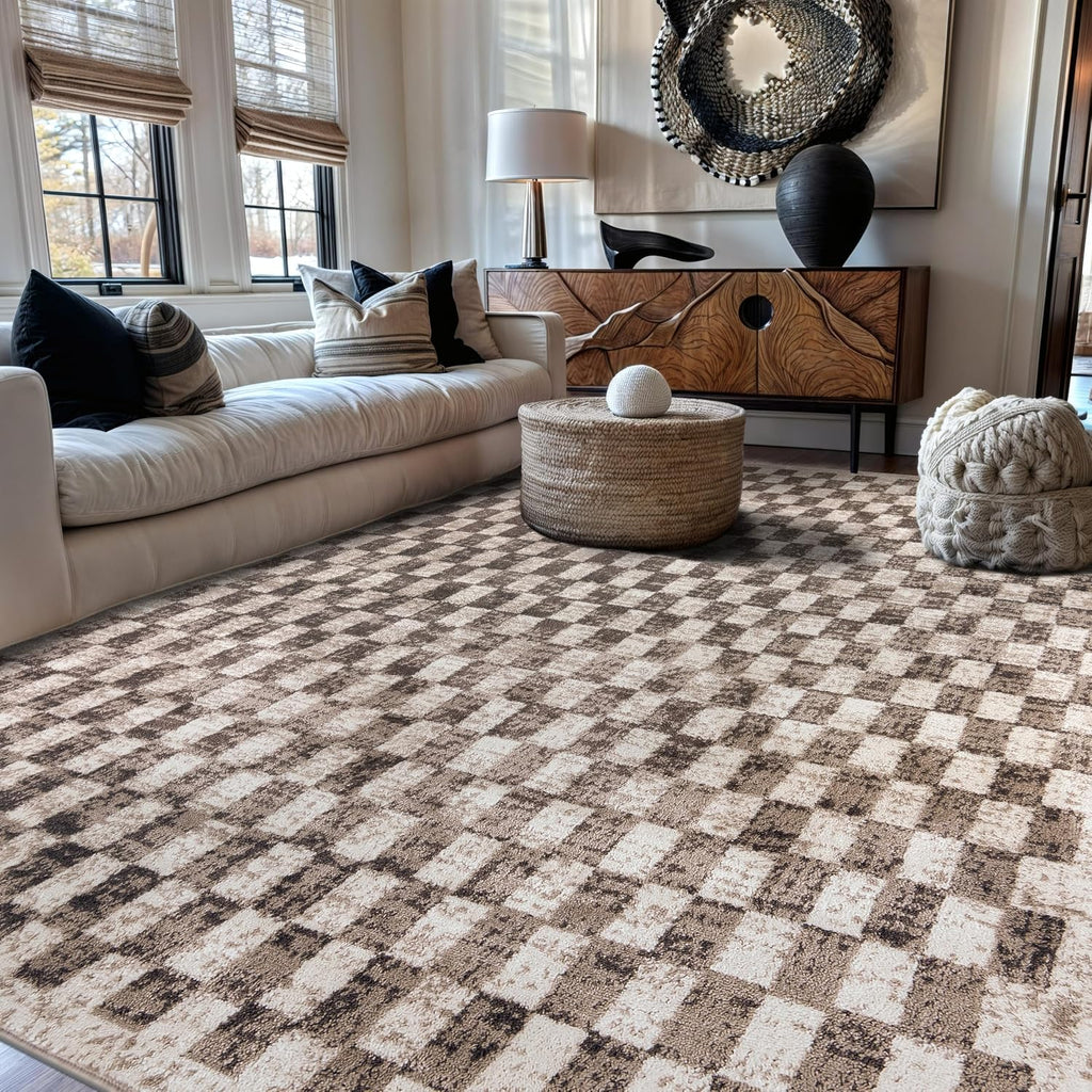 Rugshop Contemporary Checkered Grid Textured Area Rug Beige 7' 10" x 10'