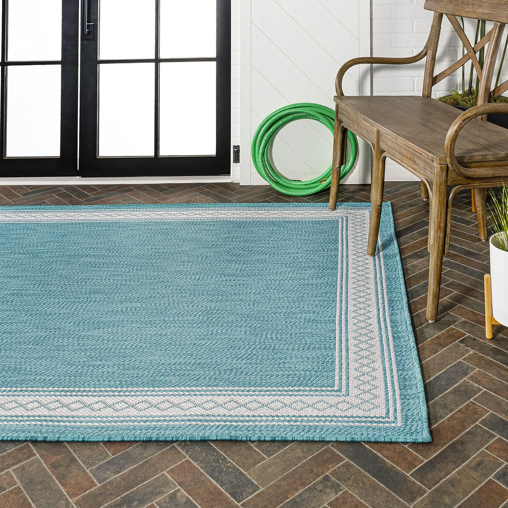 JONATHAN Y Diamond Border Indoor Outdoor Area Rug 3X5 Aqua/Light Gray, Lucia Classic for Backyard, Patio, Porch, Easy-Cleaning, High Traffic, Pet-Friendly, Non-Shedding (SMB207D-3)