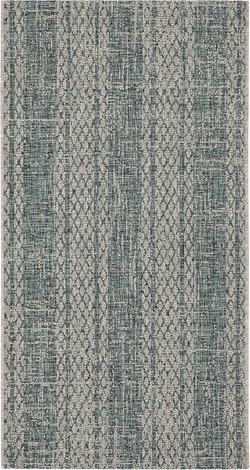 SAFAVIEH Washable Rug Outdoor Courtyard Collection - 2'7" x 5', Light Grey & Teal, Non-Shedding & Easy Cleaning, Ideal for Patio, Backyard, Mudroom (CY8736-37212)