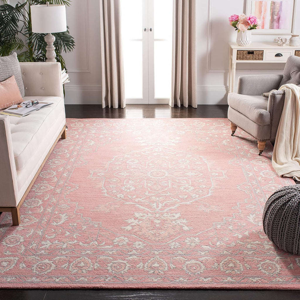 SAFAVIEH Micro-Loop Collection X-Large Area Rug - 11' x 15', Pink & Ivory, Handmade Shabby Chic Wool, Ideal for High Traffic Areas in Living Room, Bedroom (MLP504U)