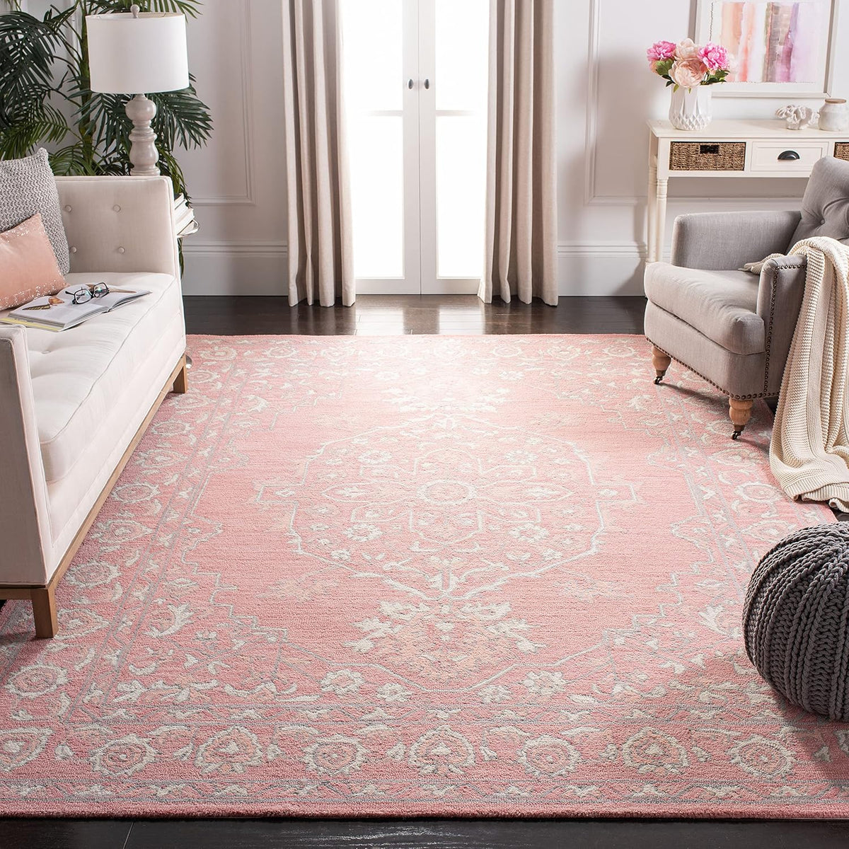 SAFAVIEH Micro-Loop Collection X-Large Area Rug - 11' x 15', Pink & Ivory, Handmade Shabby Chic Wool, Ideal for High Traffic Areas in Living Room, Bedroom (MLP504U)