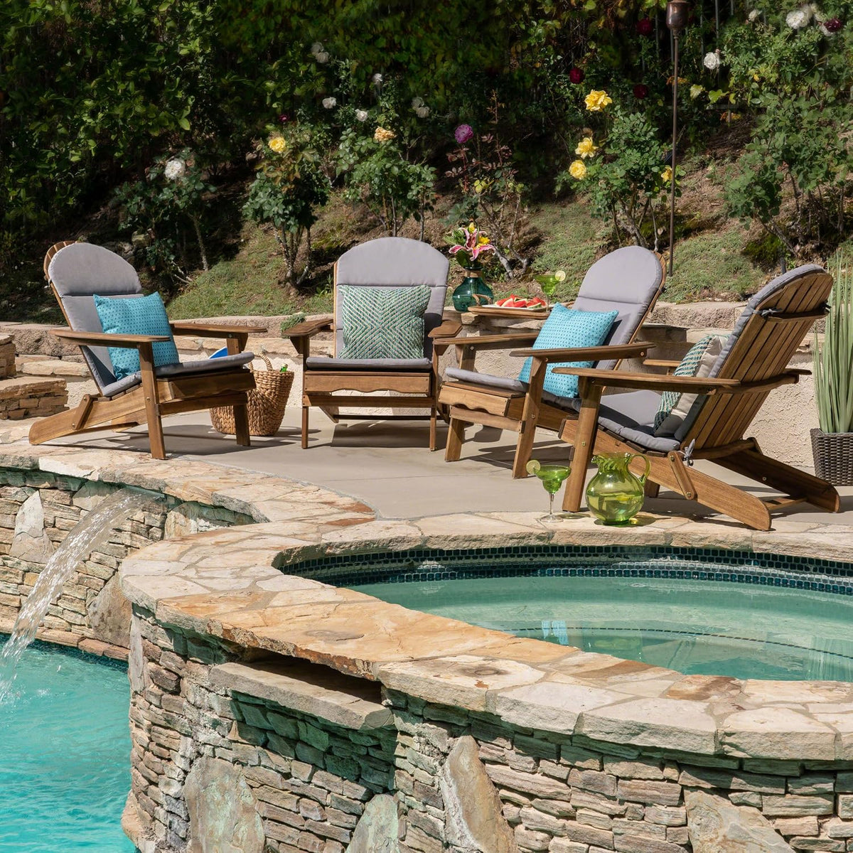 Christopher Knight Home Amenda Outdoor Acacia Wood Folding Adirondack Chairs with Cushions (Set of 4), Natural and Gray