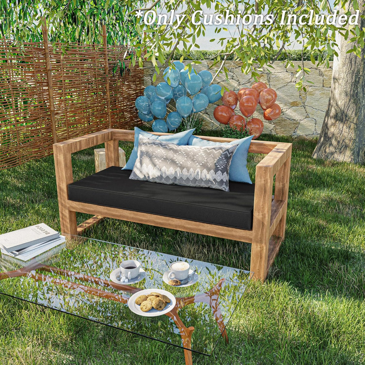 Outdoor Bench Cushion 42×18×3.5 in Thick Waterproof Patio Furniture Cushions, Patio Porch Swing Replacement Seat Pad with Tie Straps and Anti-Slip, for Backyard Garden, Black