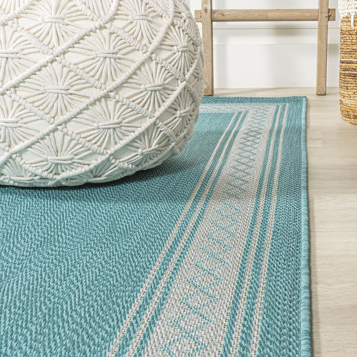 JONATHAN Y Diamond Border Indoor Outdoor Area Rug 3X5 Aqua/Light Gray, Lucia Classic for Backyard, Patio, Porch, Easy-Cleaning, High Traffic, Pet-Friendly, Non-Shedding (SMB207D-3)