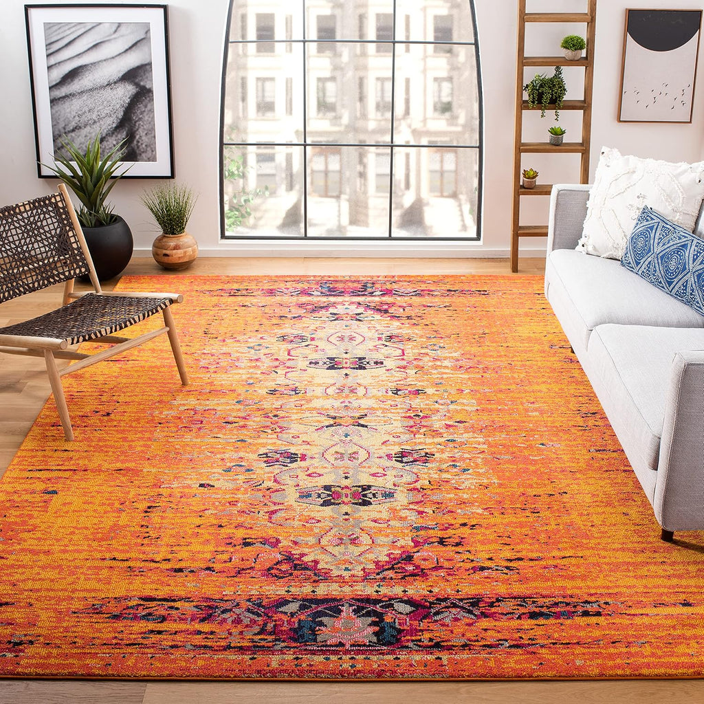 SAFAVIEH Monaco Collection Area Rug - 8' x 10', Orange & Multi, Modern Boho Abstract Distressed Design, Non-Shedding & Easy Care, Ideal for High Traffic Areas in Living Room, Bedroom (MNC209H)