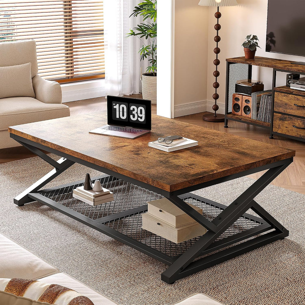 EnHomee Coffee Table, Storage & Shelf, X-Frame Stability, Rustic Brown