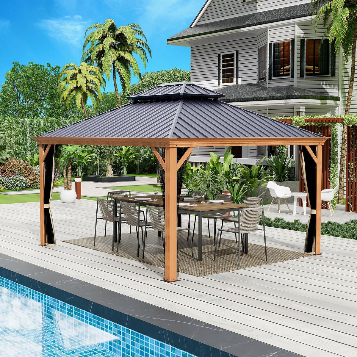 Kozyard Apollo 12’x14’ Hardtop Gazebo, Wooden Coated Aluminum Frame Canopy