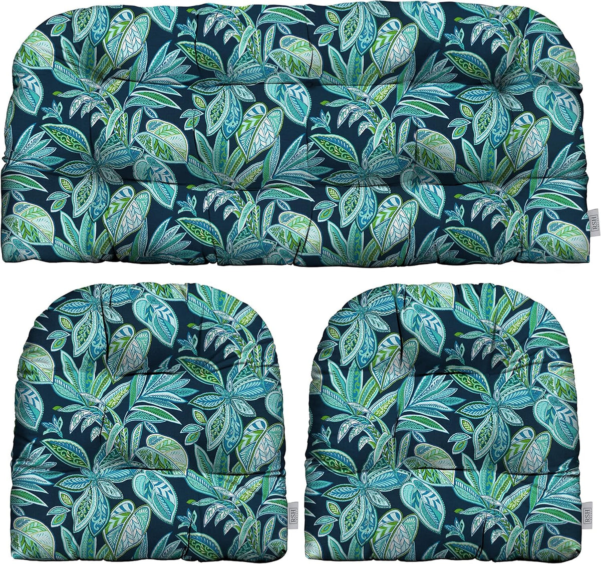 RSH DECOR 3Piece Wicker Tufted Outdoor Chair Cushions for Patio Furniture, Crestwood Marine Loveseat Cushion Set, 41” x 19” Bench & 2 Seat Cushions, Wicker Patio Furniture Cushion, Made in USA
