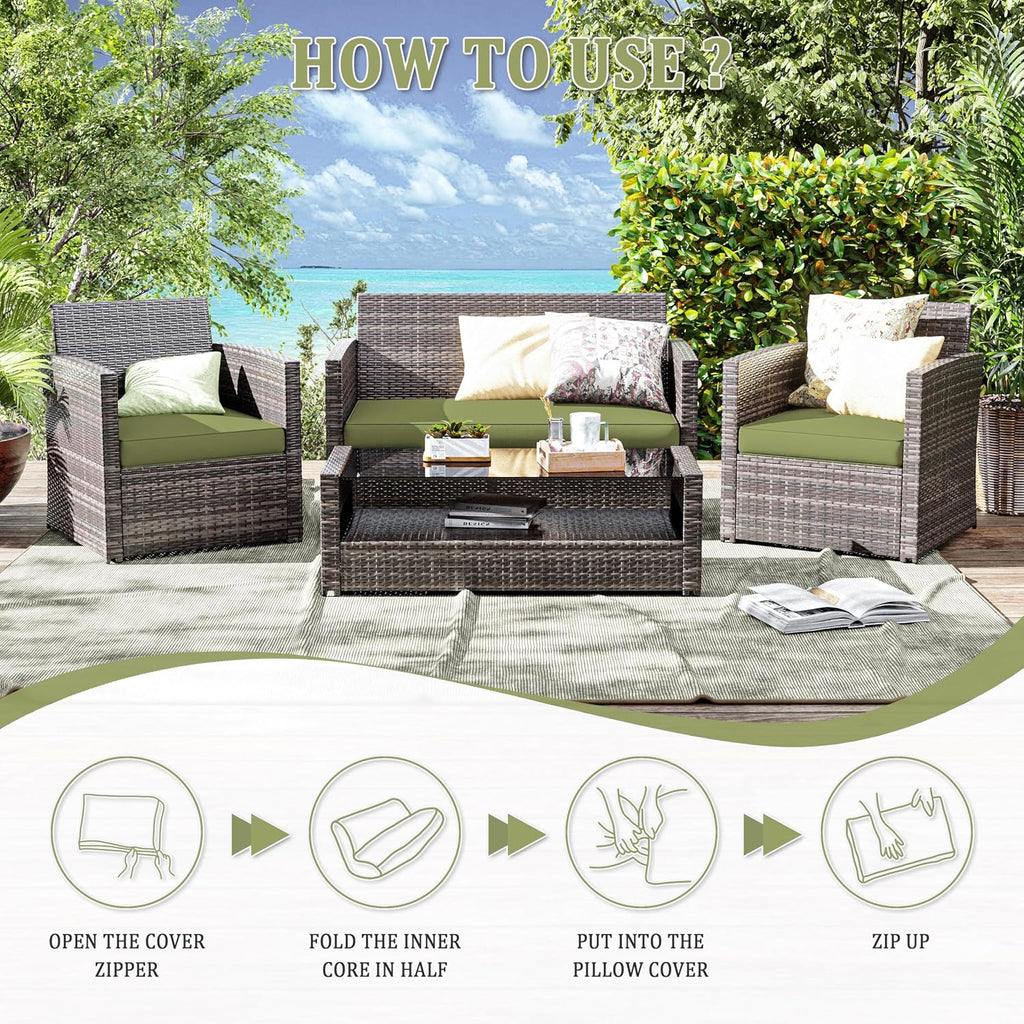3 Pcs Outdoor Cushion Covers, Patio Cushion Covers Replacement Fit for 4-Seater Wicker Rattan Patio Set Chair Couch,36×18×2,18×18×2, Covers Only, Light Green
