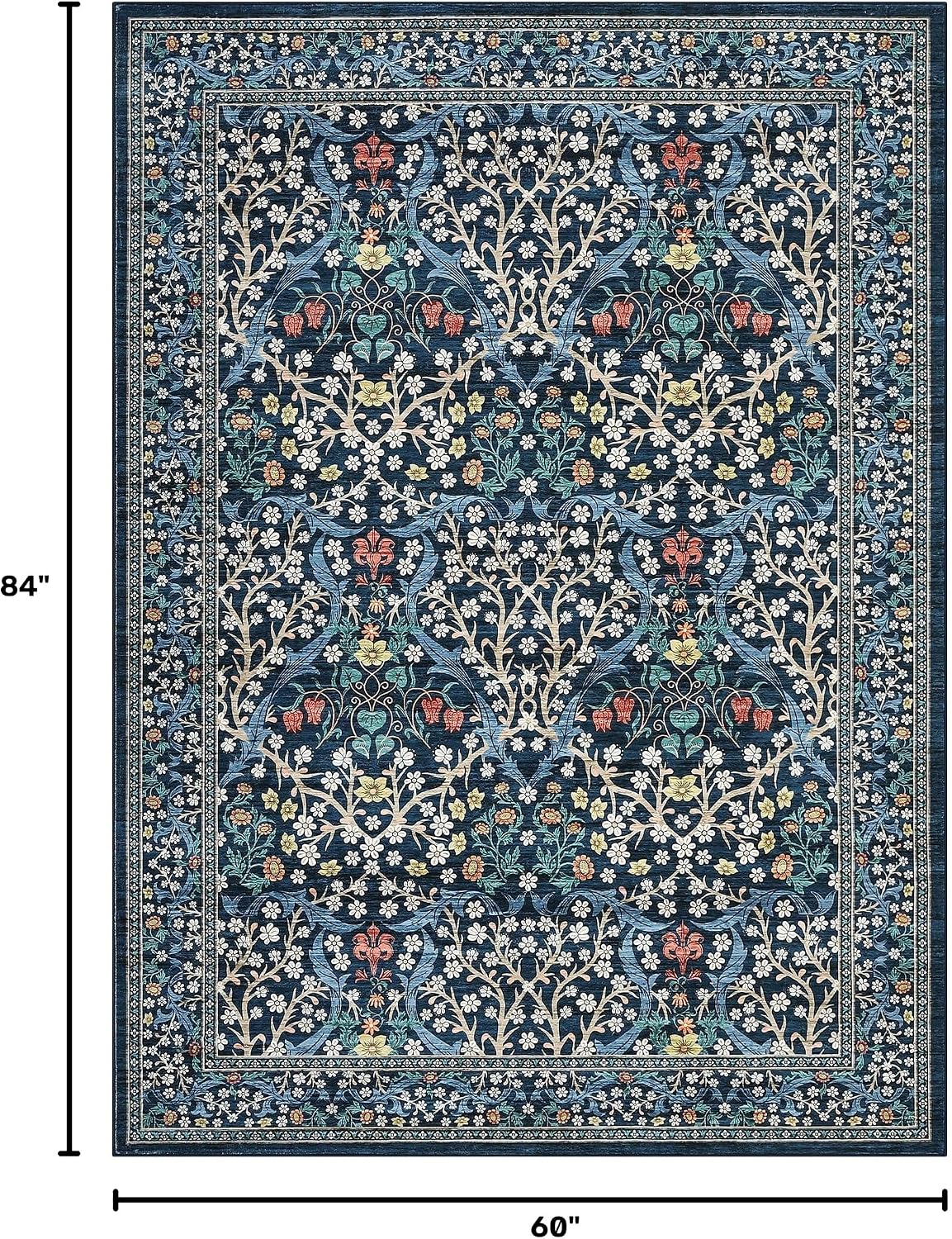GarveeHome Blue Floral 5x7 Washable Area Rug for Living Room Bedroom