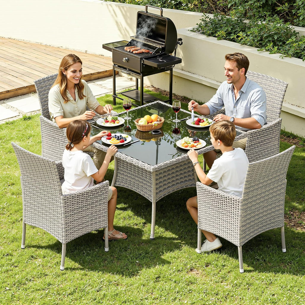 5 Piece Outdoor Patio Dining Set with Glass Table and Wicker Chairs