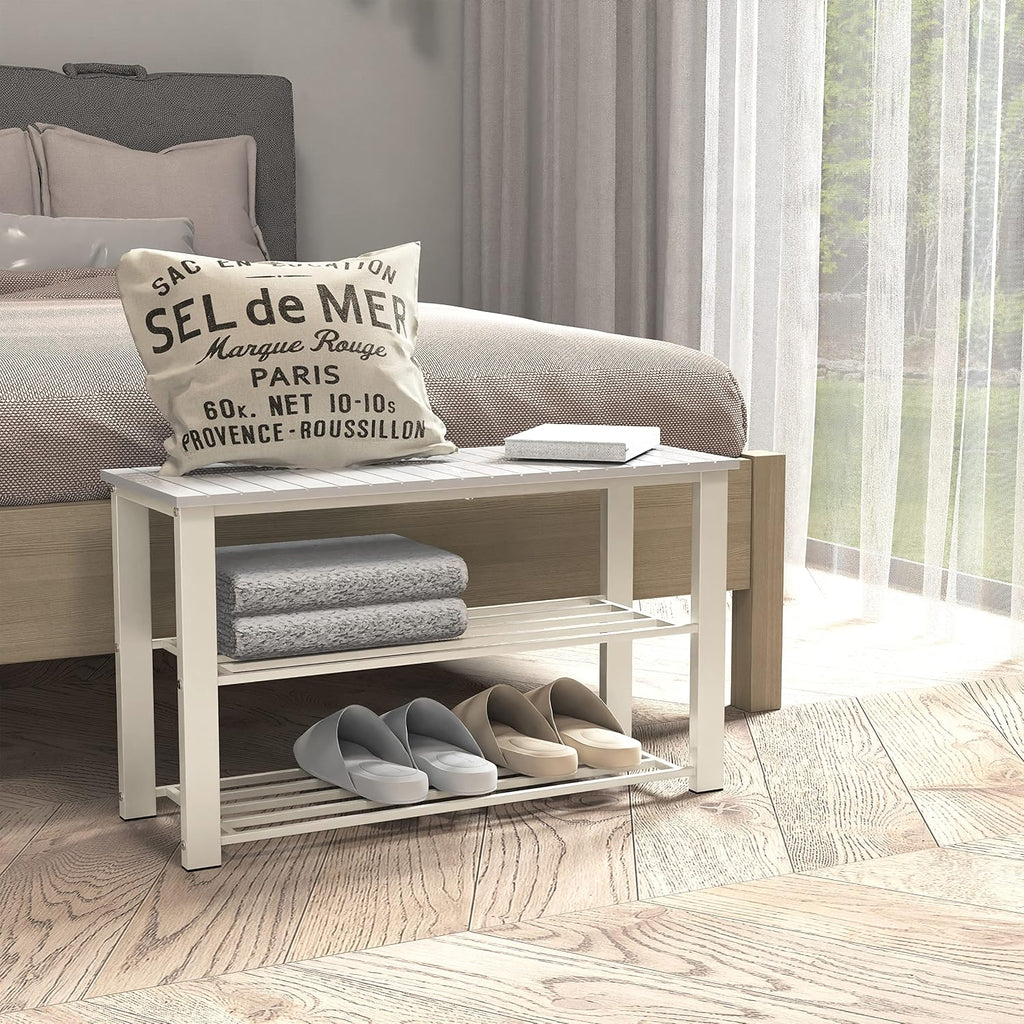 Simple Houseware Wooden Top Shoe Rack Bench for Entryway, White