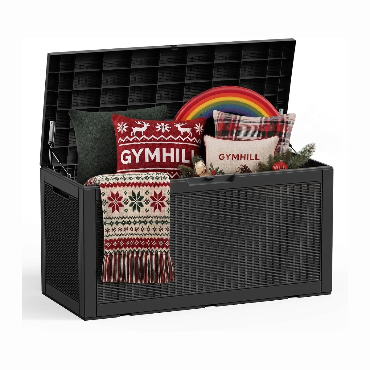 140 Gallon Deck Box, Lockable Waterproof Resin Storage Box, Black