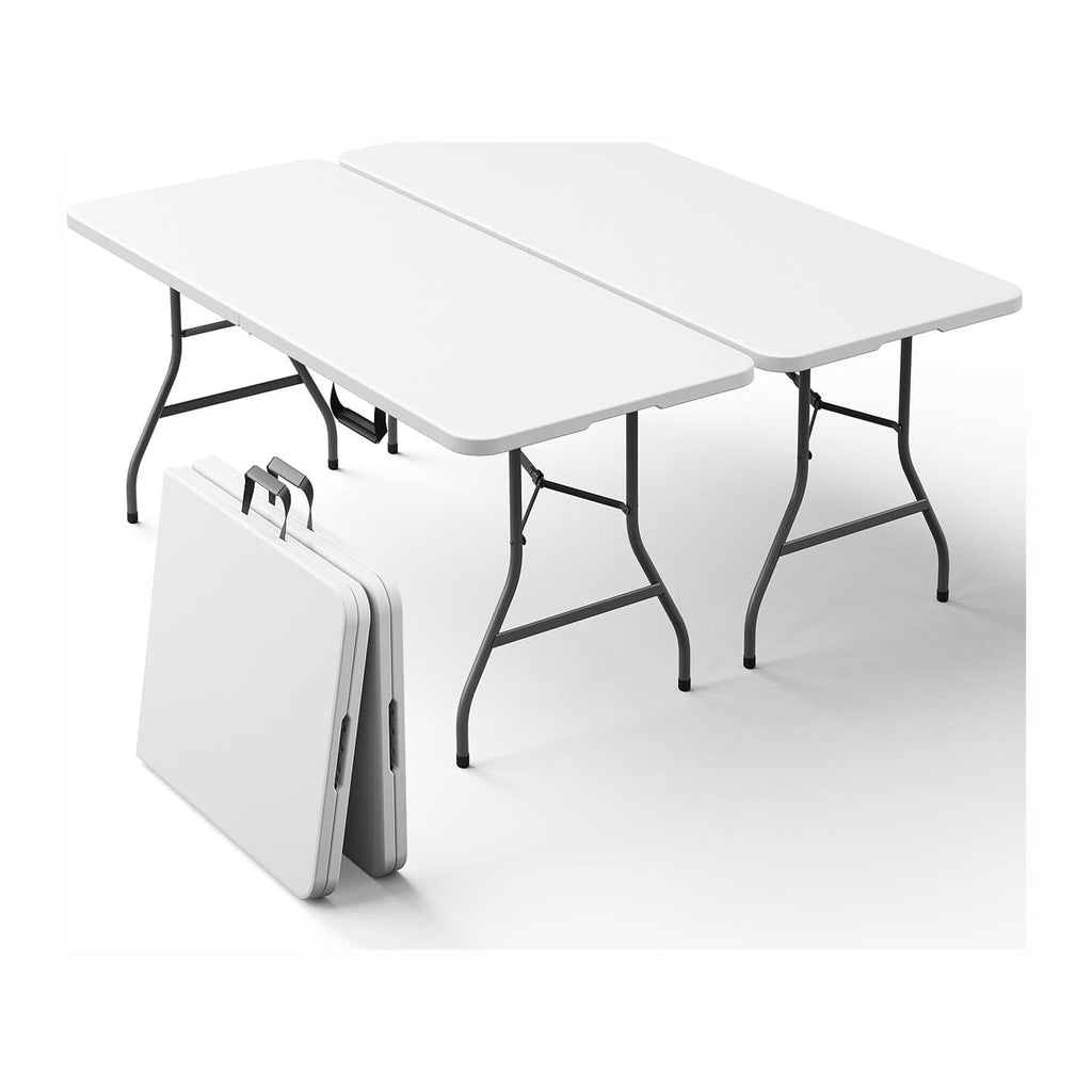 2 Pack 5ft Folding Table, Foldable Picnic Table with Carrying Handle, Heavy Duty Fold-in-Half Portable Table for Weddings, Camping, RV Travel, Parties, and Indoor Use, Easy to Fold and Store, White