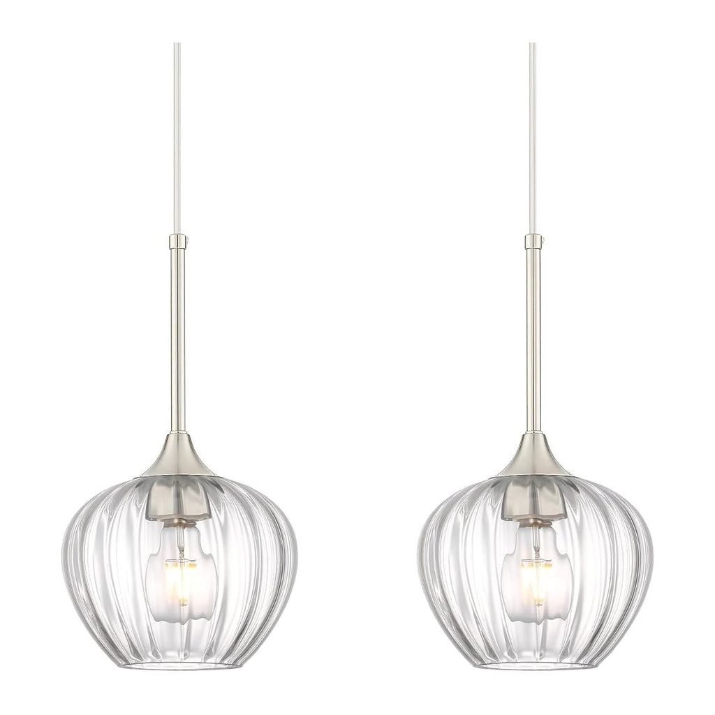 2 Pack Brushed Nickel Pendant Lights Kitchen Island with Ribbed Glass Shade