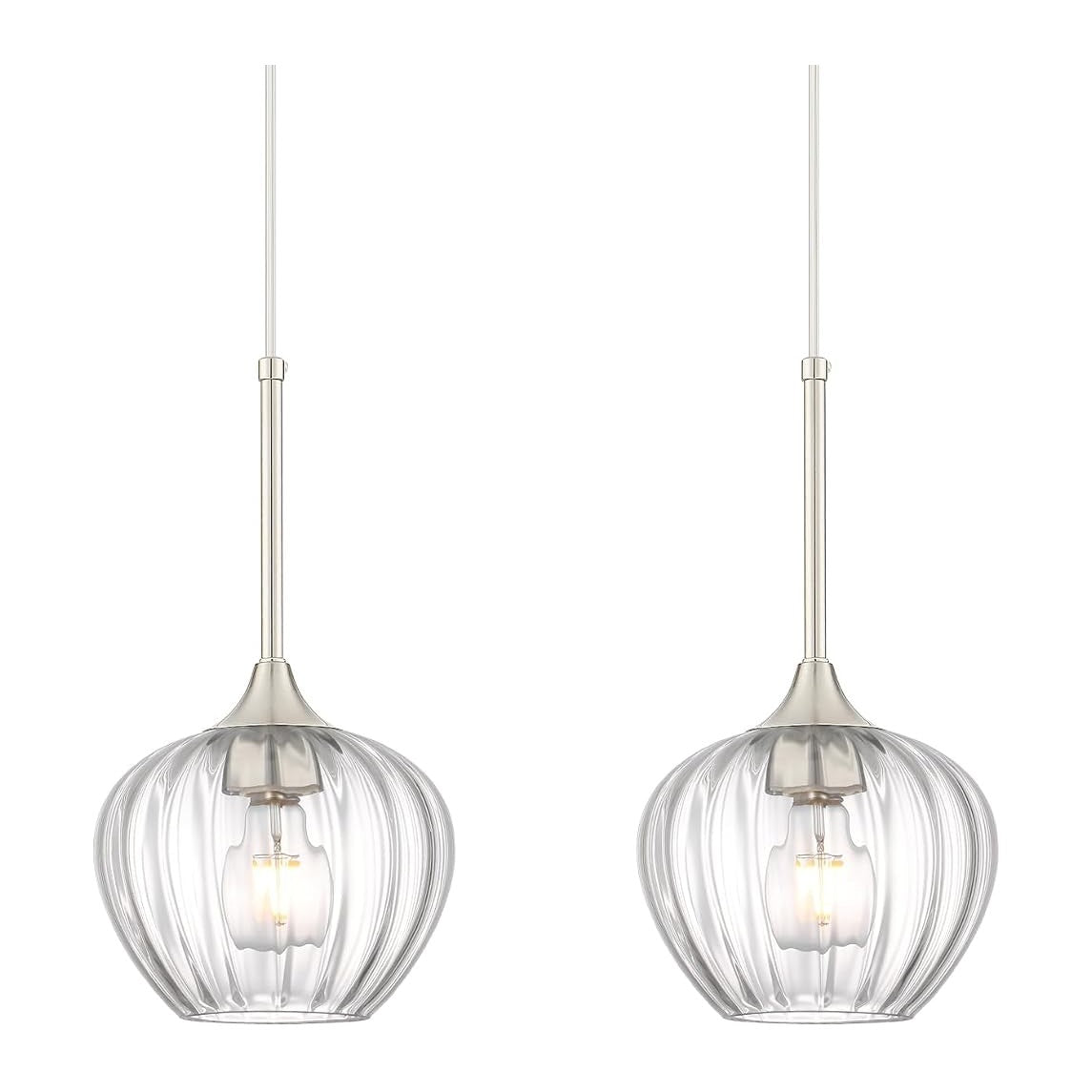 2 Pack Brushed Nickel Pendant Lights Kitchen Island with Ribbed Glass Shade