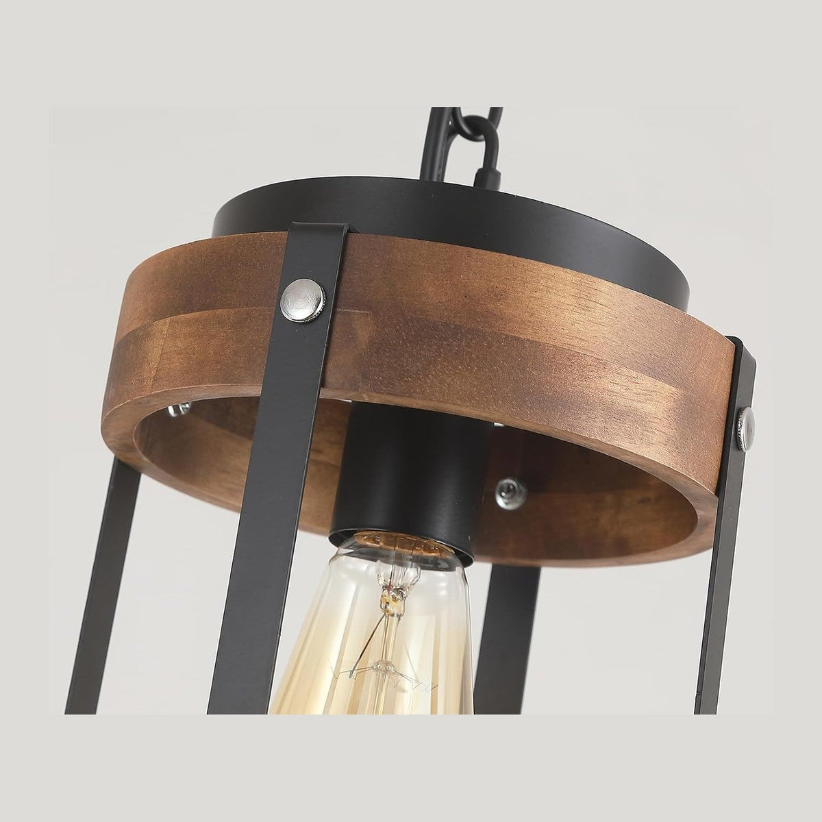 2 Pack Rustic Farmhouse Wood Pendant Light Fixture One-Light Adjustable Chain Oak Wood and Metal Drum Cage Small Pendant Lighting for Kitchen Island Sink Hallway Farmhouse Bathroom Bar, Black