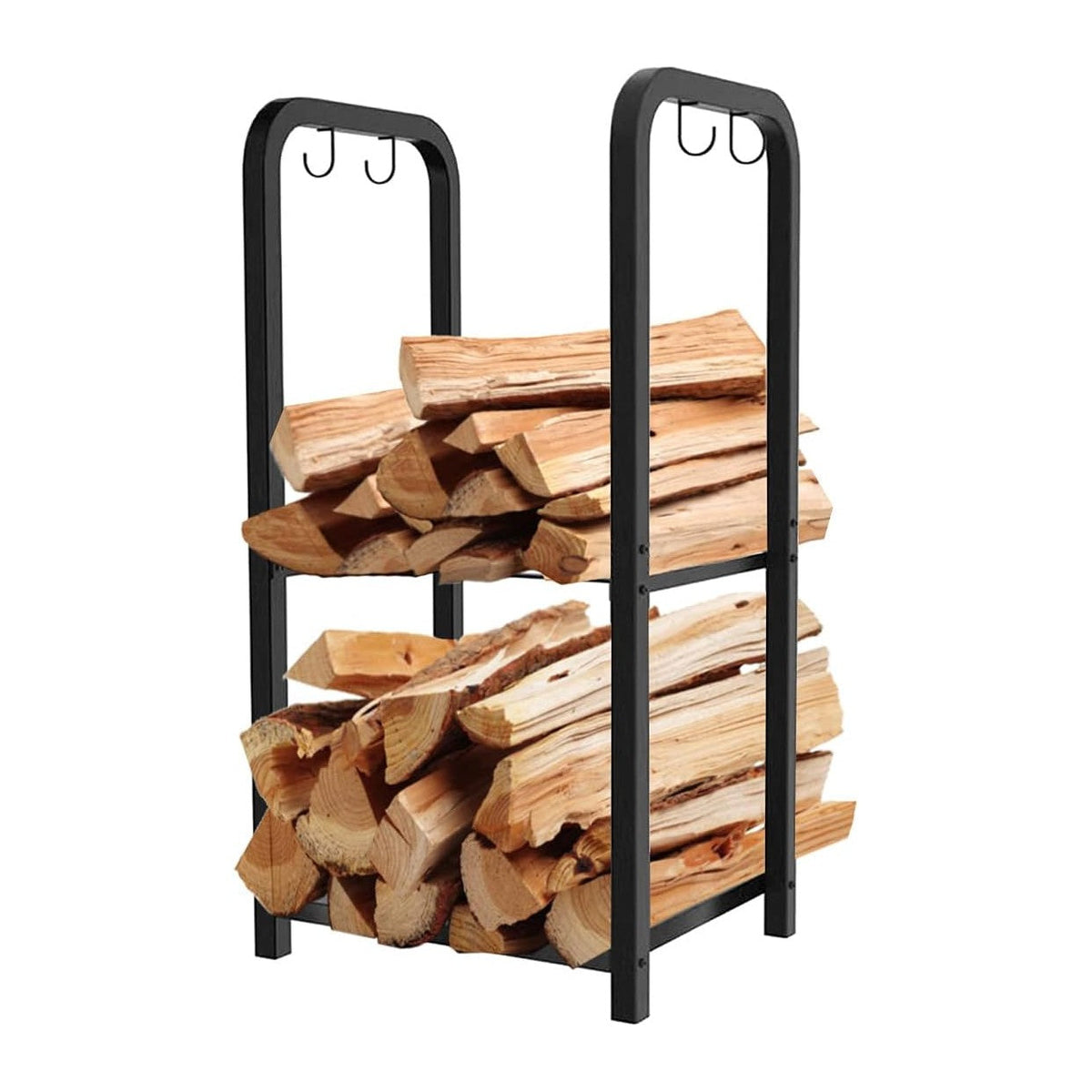 2-Tier Fireplace Firewood Rack Holder for Indoor Outdoor, Small Fire Wood Holder Log Storage Stacker Stand for Patio, Black(Without Wheels)