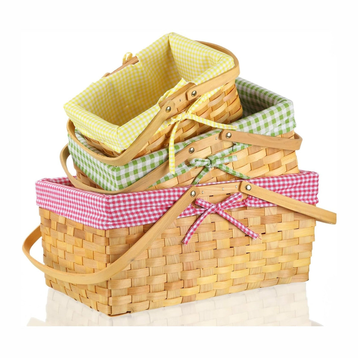 3 Pcs Different Sizes Picnic Basket with Handles Spring Plaid Gingham Checkered Liner Basket Rustic Woven Hamper for Picnic Camping Outdoor Egg Gathering Candy Gift(Pink,Green,Yellow)