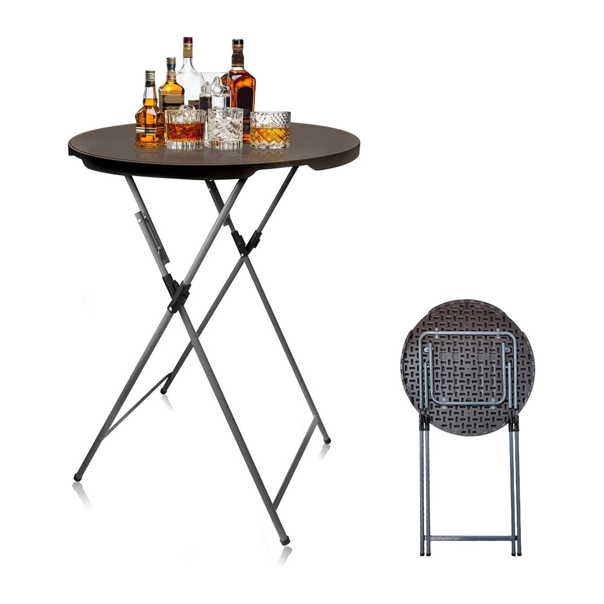 32in Round Folding Cocktail Table Bar Height Brown 1 Pack