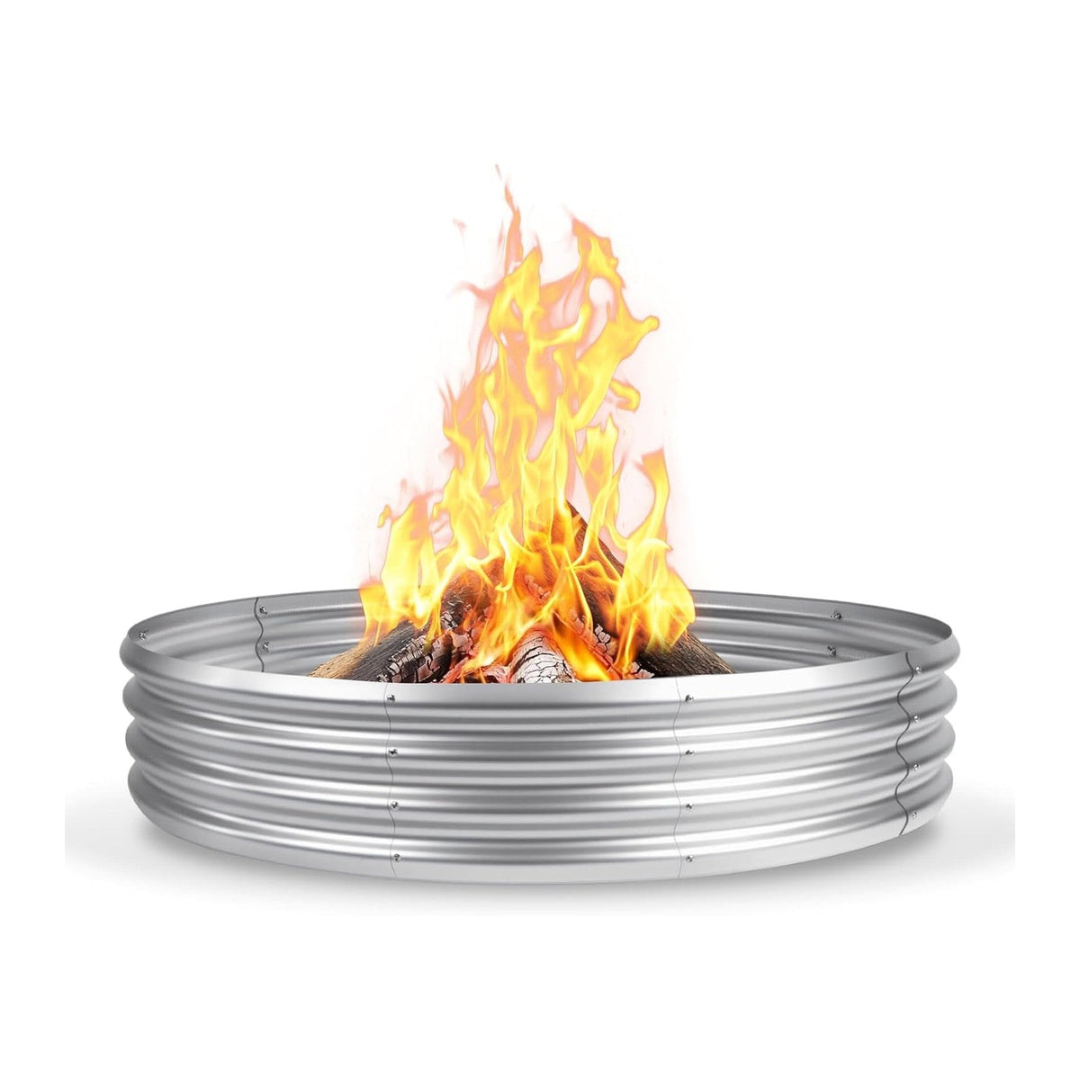 48 Inch Outdoor Fire Pit Ring, Wood Burning Large Metal Fireplace, Silver