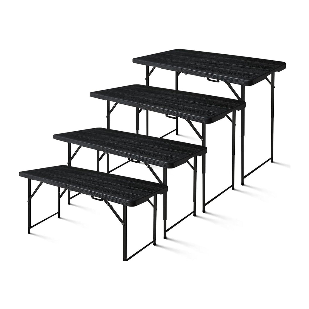 4ft Folding Table, Portable Fold-in-Half Adjustable Height Utility Table for Indoor/Outdoor Use, Durable HDPE & Steel, Stable & Lightweight, Multi-Purpose, Black Woodgrain