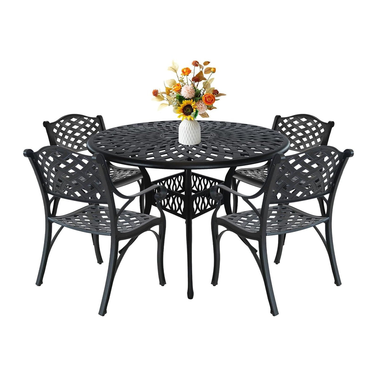 5 Piece Cast Aluminum Outdoor Dining Set, Outdoor Table and Chairs Set of 4, Patio Dining Set with 4 Chairs and 42" Round Table, Patio Conversation Set with 1.97" Umbrella Hole