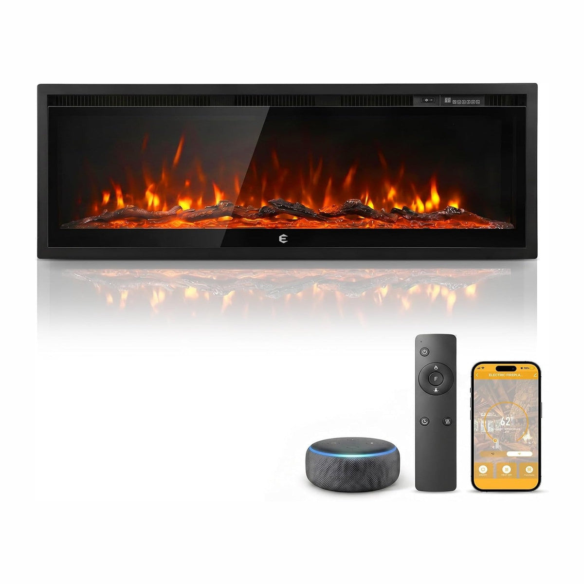 50 Inch Smart Electric Fireplace Insert Recessed and Wall Mounted