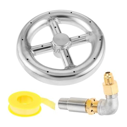6" Round Fire Pit Burner Ring with Stainless Steel and Brass 1/2" Air Mixer, 90° Elbow Nozzle Sprayer Valve for Natural Gas & Porpane Fireplace, BTU 88000 Max