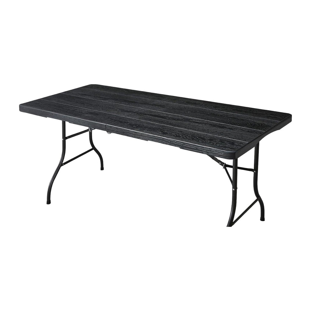 6ft Folding Table, Portable Heavy Duty Plastic Fold-in-Half Utility Table for Indoor/Outdoor Use, Dining, Camping, Picnic, Party, Black Woodgrain