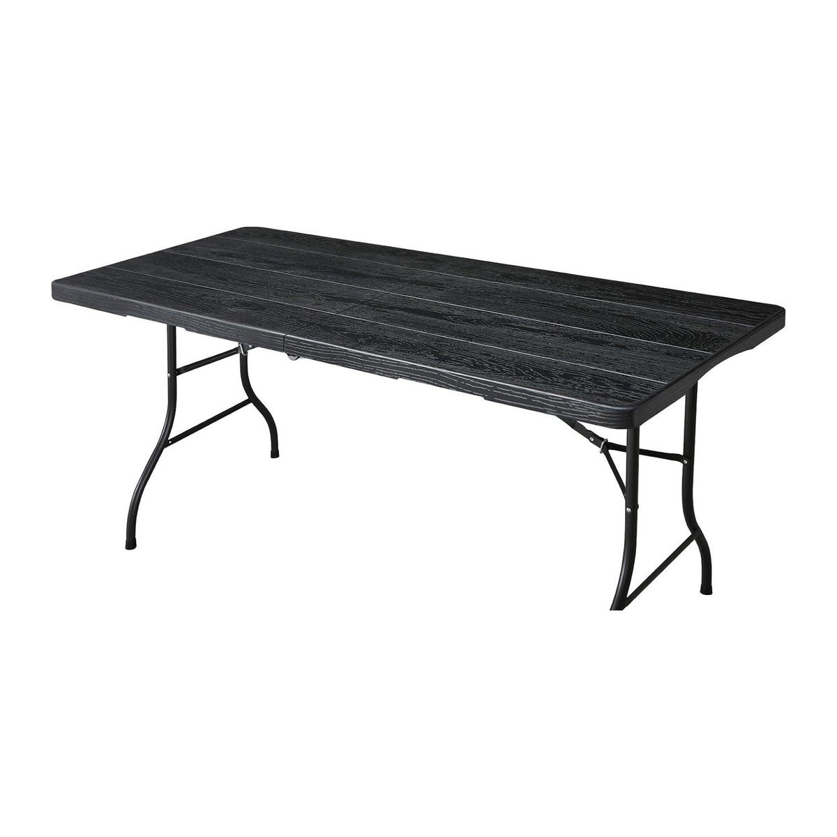 6ft Folding Table, Portable Heavy Duty Plastic Fold-in-Half Utility Table for Indoor/Outdoor Use, Dining, Camping, Picnic, Party, Black Woodgrain