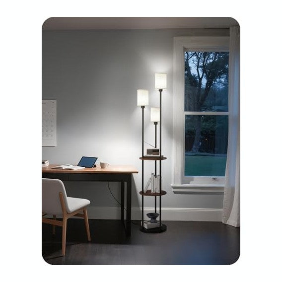 70.9" Floor Lamp with Shelves, Modern Floor Lamp with 3 Linen Shades and Foot Switch, 3-Light Standing Lamp, for Living Room, Bedroom, Study, Office, Rustic Brown and Beige EF53LD05