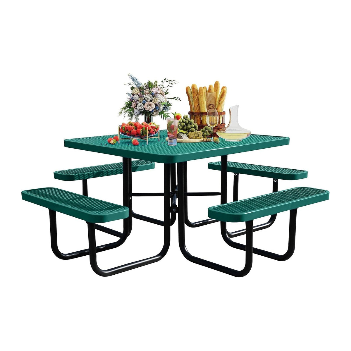 8-Person Picnic Tables for Outdoors, Industrial 46" Expanded Metal Square Picnic Table with 4 Benches & Umbrella Hole, Outside Table and Bench Set for Garden, Backyard, Porch, Patio, Green