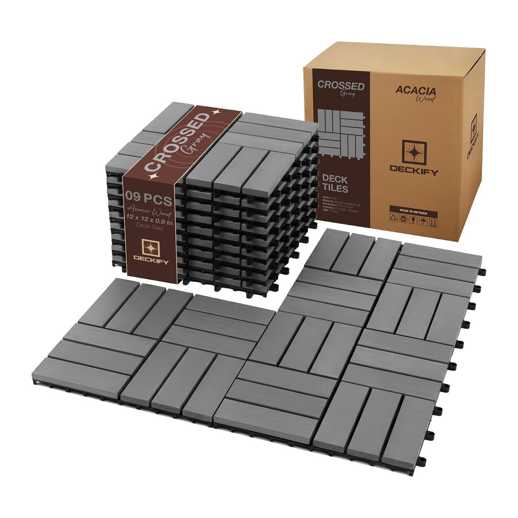 Acacia Interlocking Deck Tiles Outdoor Waterproof All Weather Grey Crossed