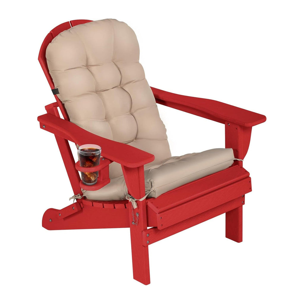 Adirondack Chair with Cushion & Cup Holder, HDPE Folding Adirondack Chair with Wood-Like Grain Outdoor Fire Pit Chairs for Patio/Porch/Swimming Pool/Camping