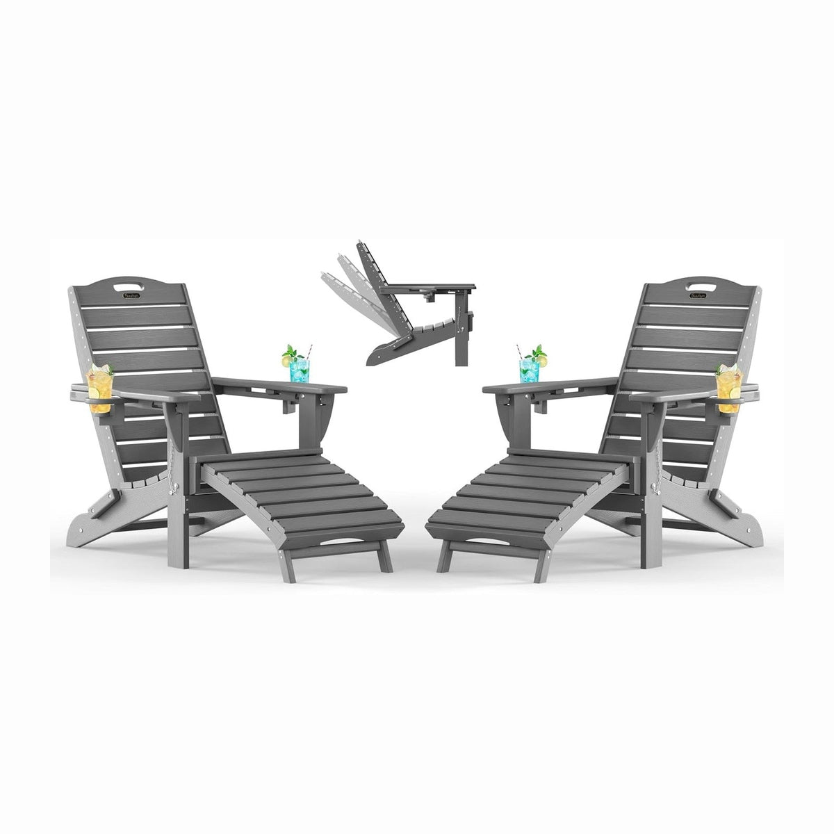 Adjustable Adirondack Chairs Set of 2 with Retractable Ottoman, HDPE Folding Adirondack Chair with 2 Cup Holders, Weather Resistant for Backyard, Poolside & Fire Pit (Grey)
