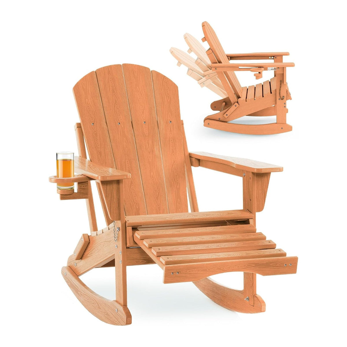 Adjustable Adirondack Rocking Chair with Retractable Ottoman, 4-in-1 Multifunctional Folding Patio Chair with Cup Holder, Outdoor Chair Wood Texture for Lawn,Porch, Backyard,Teak