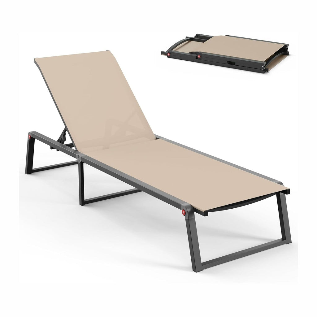 Aluminum Chaise Lounge Chair Outdoor, Foldable& No Assembly Patio Pool Lounge Chairs 5-Position Recliner for Outside, Fully Grounded Legs Sun Lounger for Poolside, Khaki