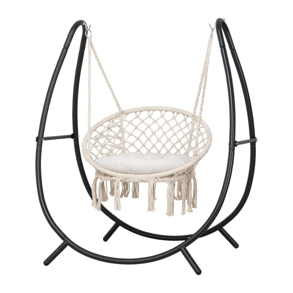 ANOW Patio Macrame Hammock Chair with Stand and Seat Cushion, Natural