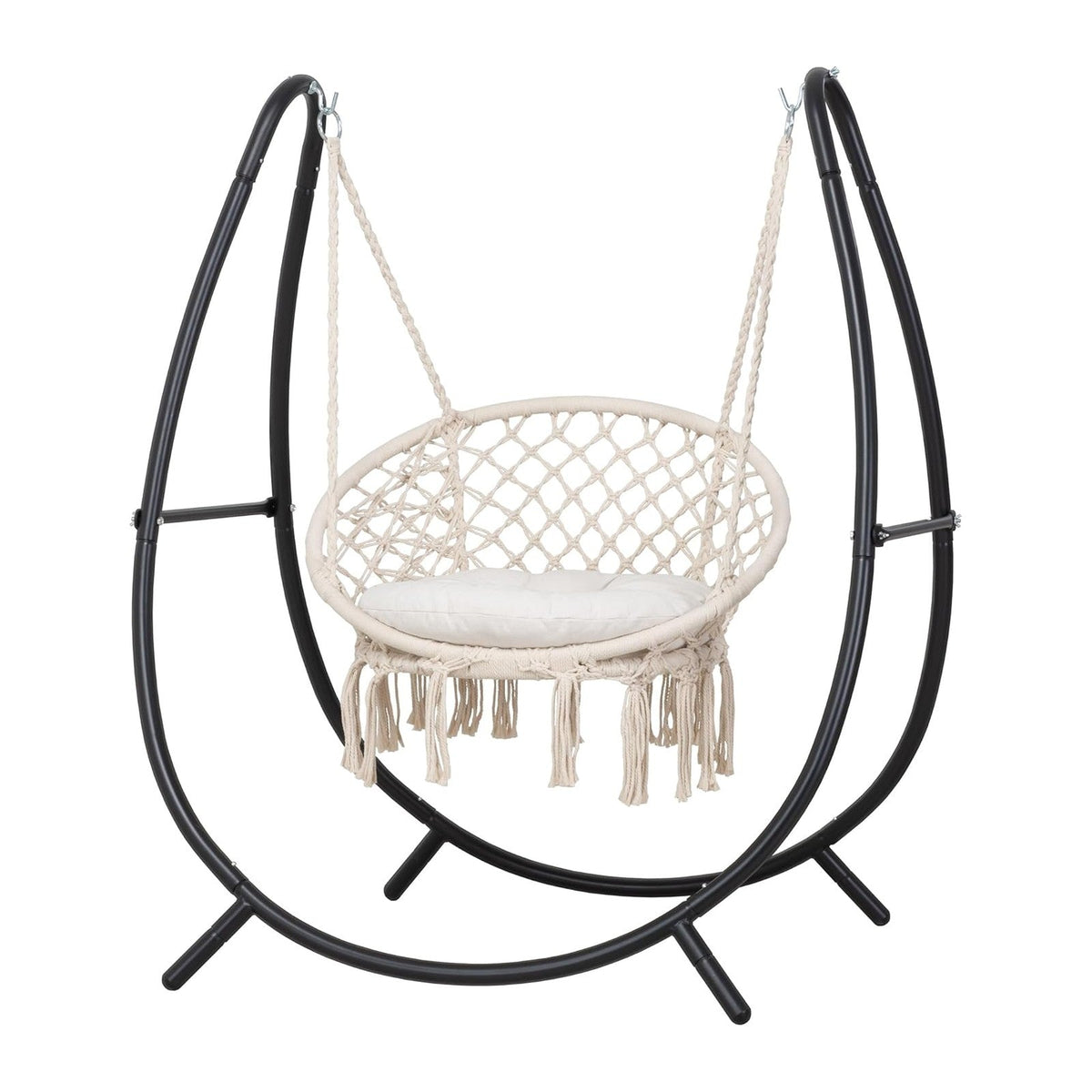 ANOW Patio Macrame Hammock Chair with Stand and Seat Cushion, Natural